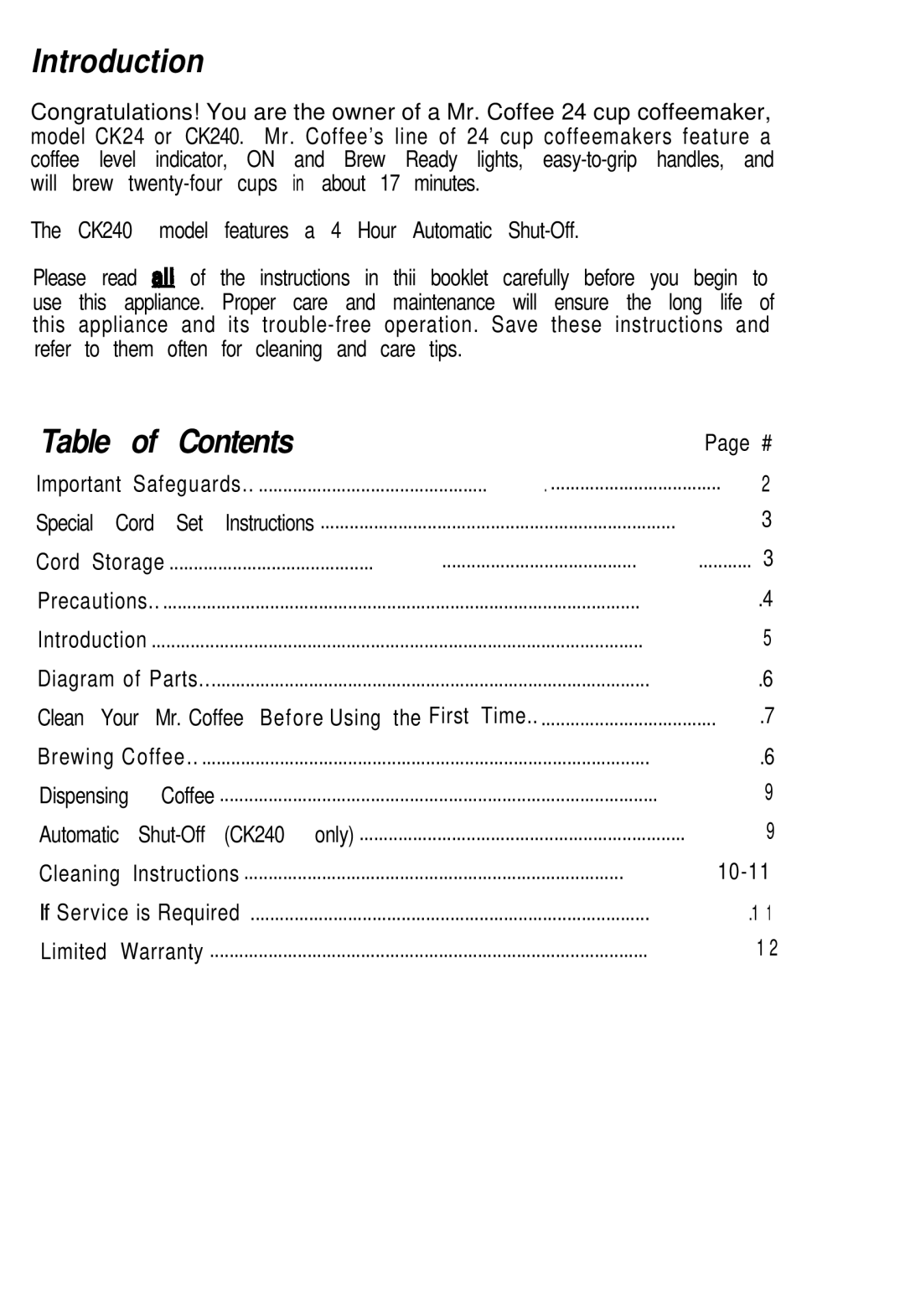 Mr. Coffee CK240 manual Introduction, Contents 