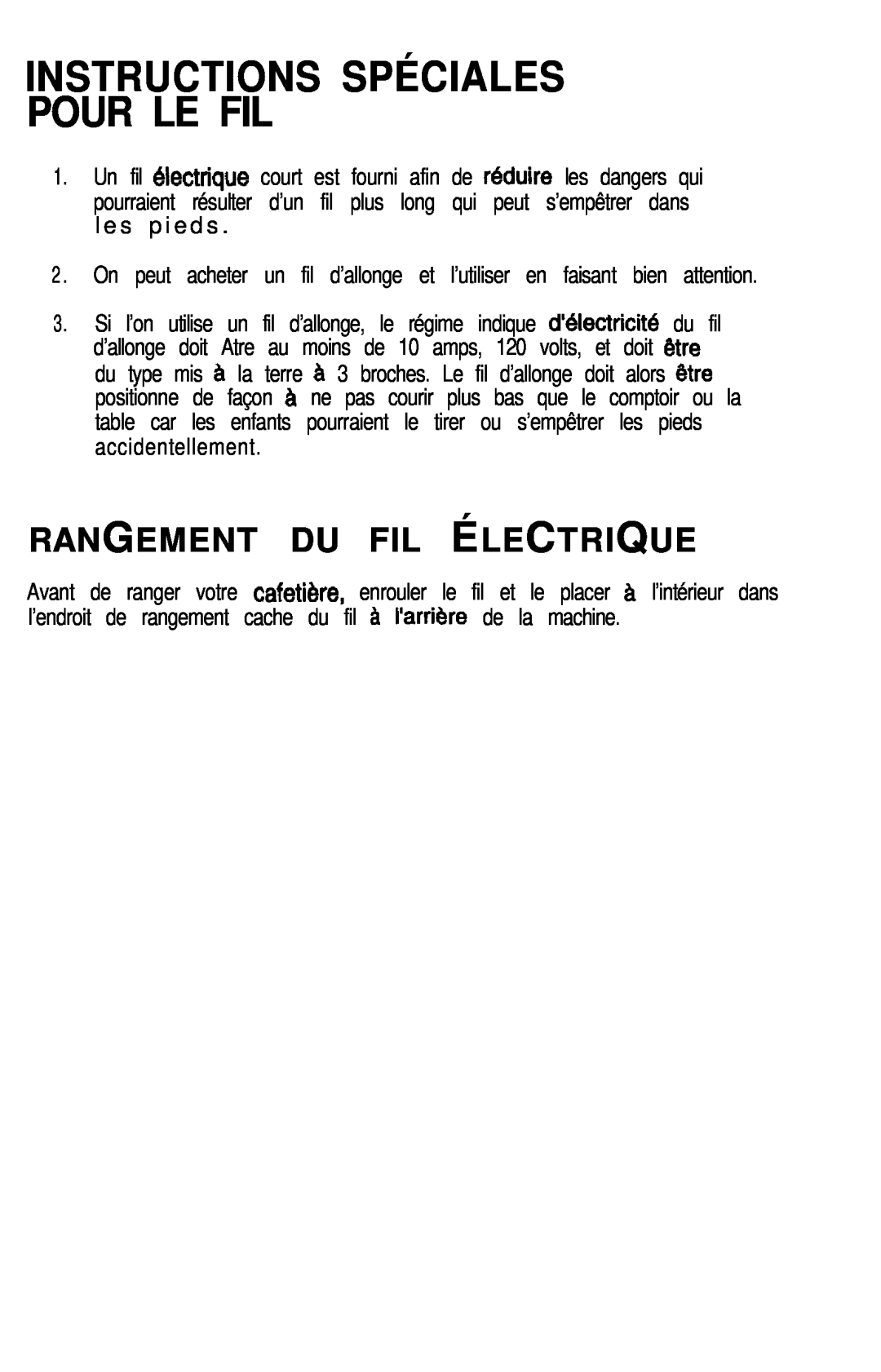 Mr. Coffee CK240 manual Instructions Spéciales Pour Le Fil, Rangement Du Fil Électrique 