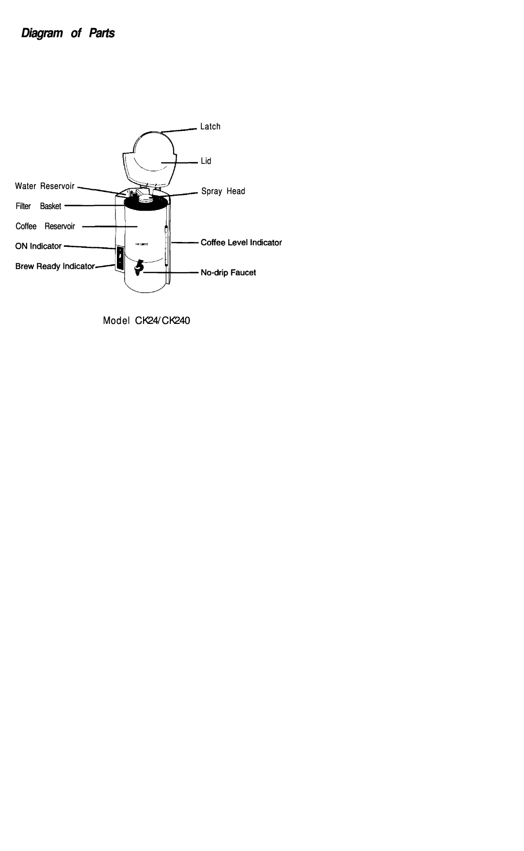 Mr. Coffee manual Diagram of Parts, Model CK24/CK240 