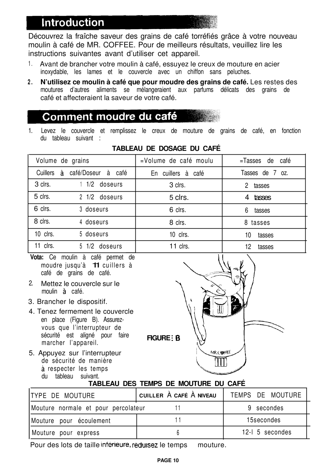 Mr. Coffee COFFEE MILL manual Tableau DE Dosage DU Café, Tableau DES Temps DE Mouture DU Café, Type DE Mouture 