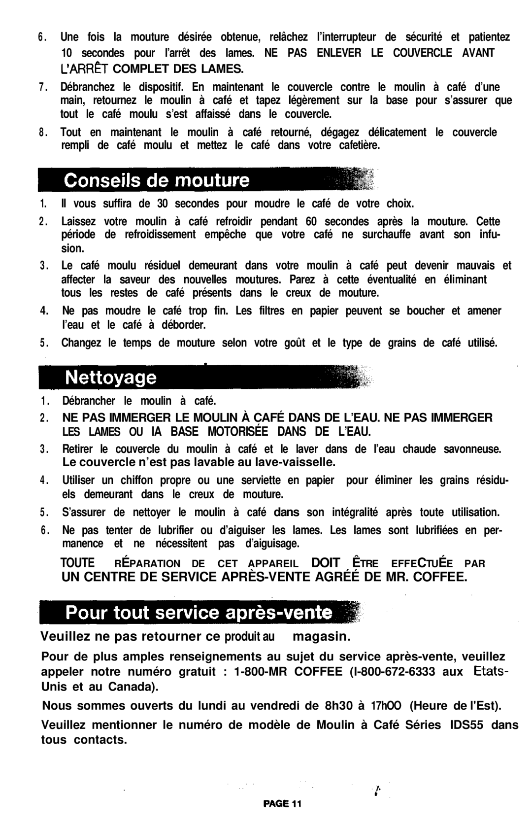 Mr. Coffee COFFEE MILL manual UN Centre DE Service APRÈS-VENTE Agréé DE MR. Coffee 