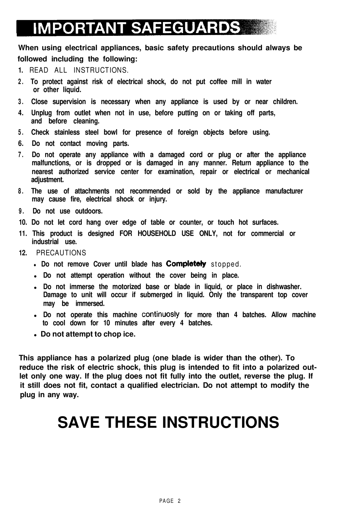 Mr. Coffee COFFEE MILL manual Read ALL Instructions, Precautions 