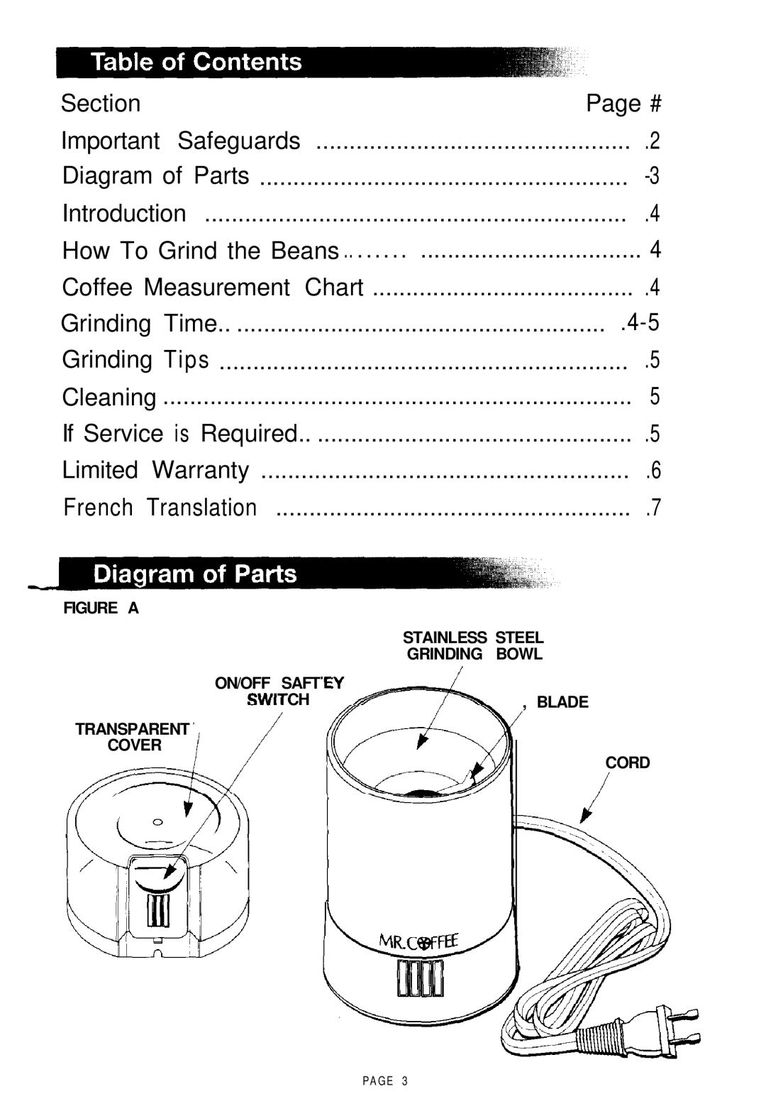 Mr. Coffee COFFEE MILL manual Grinding Time 