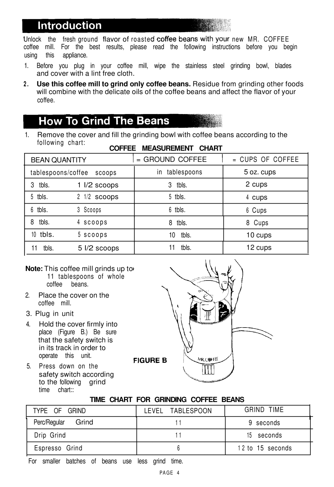 Mr. Coffee COFFEE MILL manual Coffee Measurement Chart, Bean Quantity = Ground Coffee = Cups of Coffee 