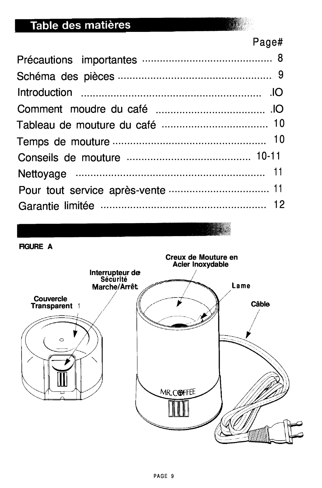 Mr. Coffee COFFEE MILL manual Page#, Introduction, Comment moudre du café, Tableau de mouture du café, Marrhn/ArrAt 