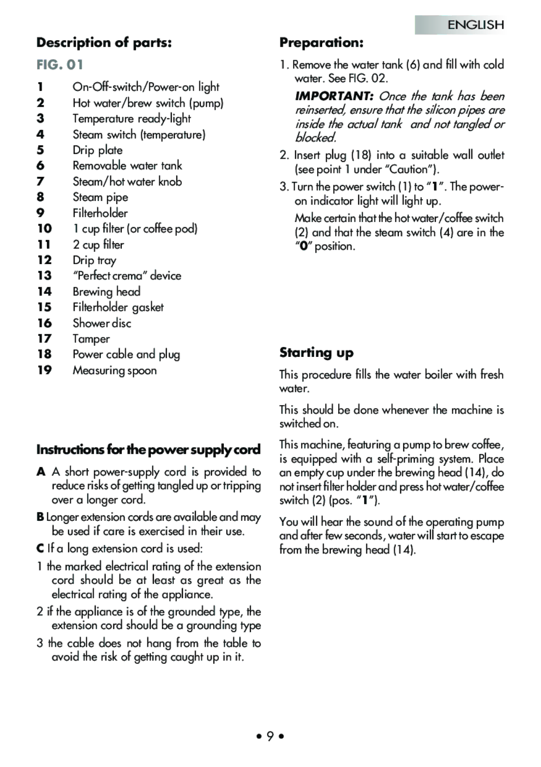 Mr. Coffee CUBIKA manual Description of parts, Instructions for the power supply cord, Preparation, Starting up 