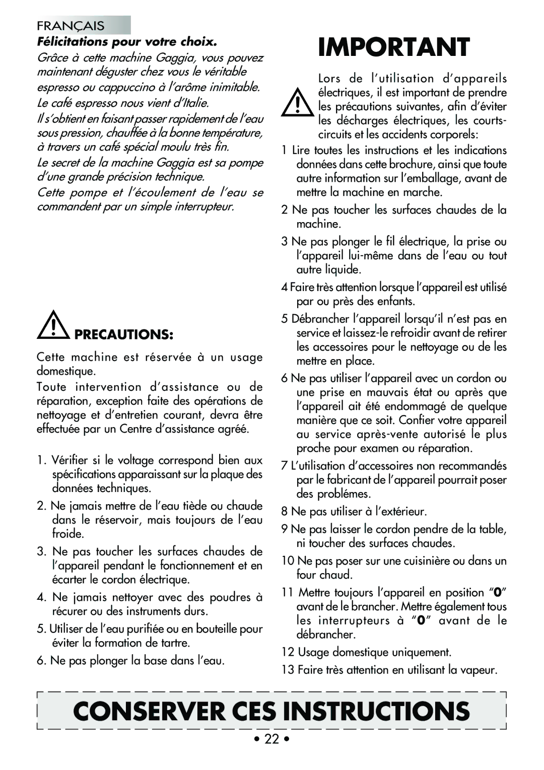 Mr. Coffee CUBIKA manual Conserver CES Instructions, Félicitations pour votre choix, Circuits et les accidents corporels 