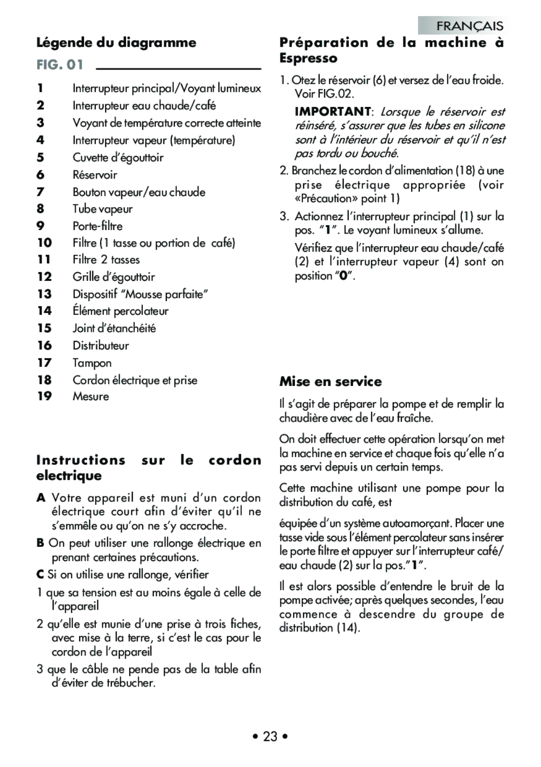 Mr. Coffee CUBIKA manual Légende du diagramme, Instructions sur le cordon electrique, Préparation de la machine à Espresso 