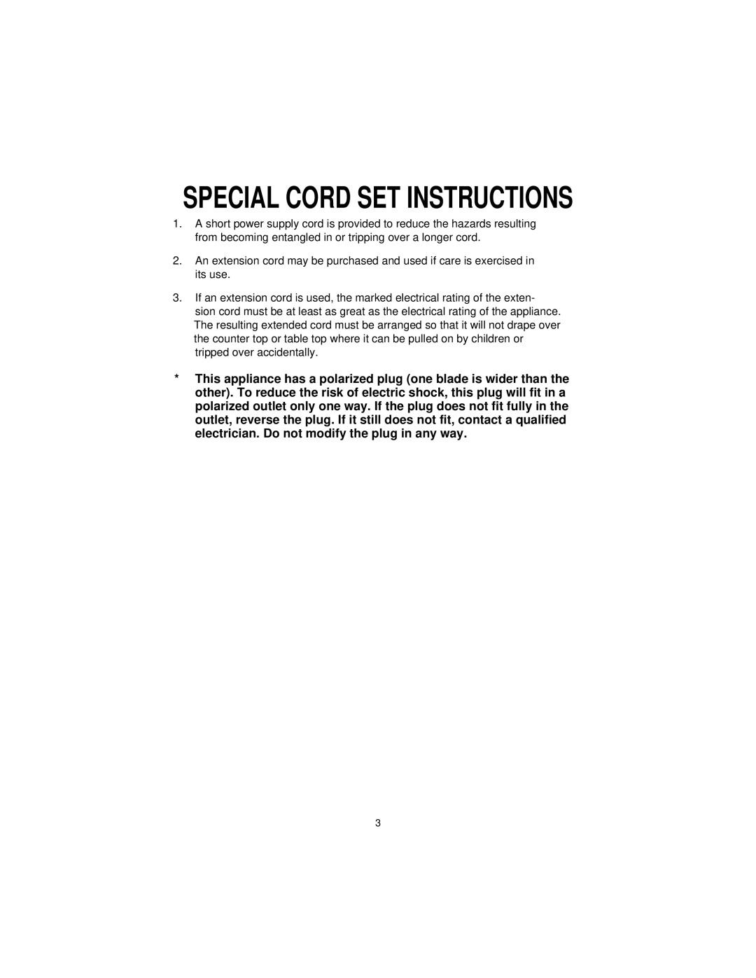Mr. Coffee D40 manual Special Cord Set Instructions 