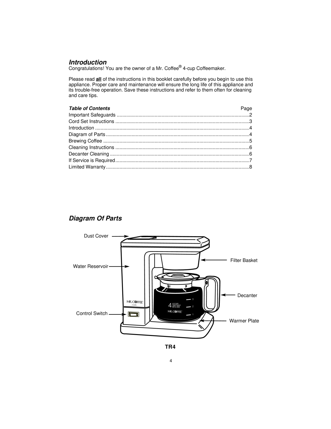 Mr. Coffee D40 manual Introduction, Diagram Of Parts, Table of Contents 