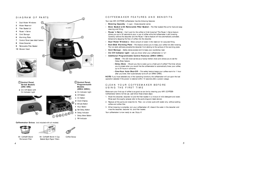 Mr. Coffee user manual F F E E M a K E R F E a T U R E S a N D B E N E F I T S, DRX4/DRX5 