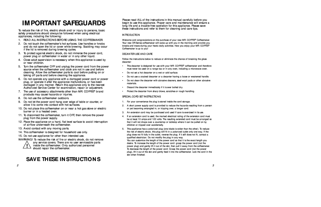 Mr. Coffee DR user manual Important Safeguards, Save These Instructions 