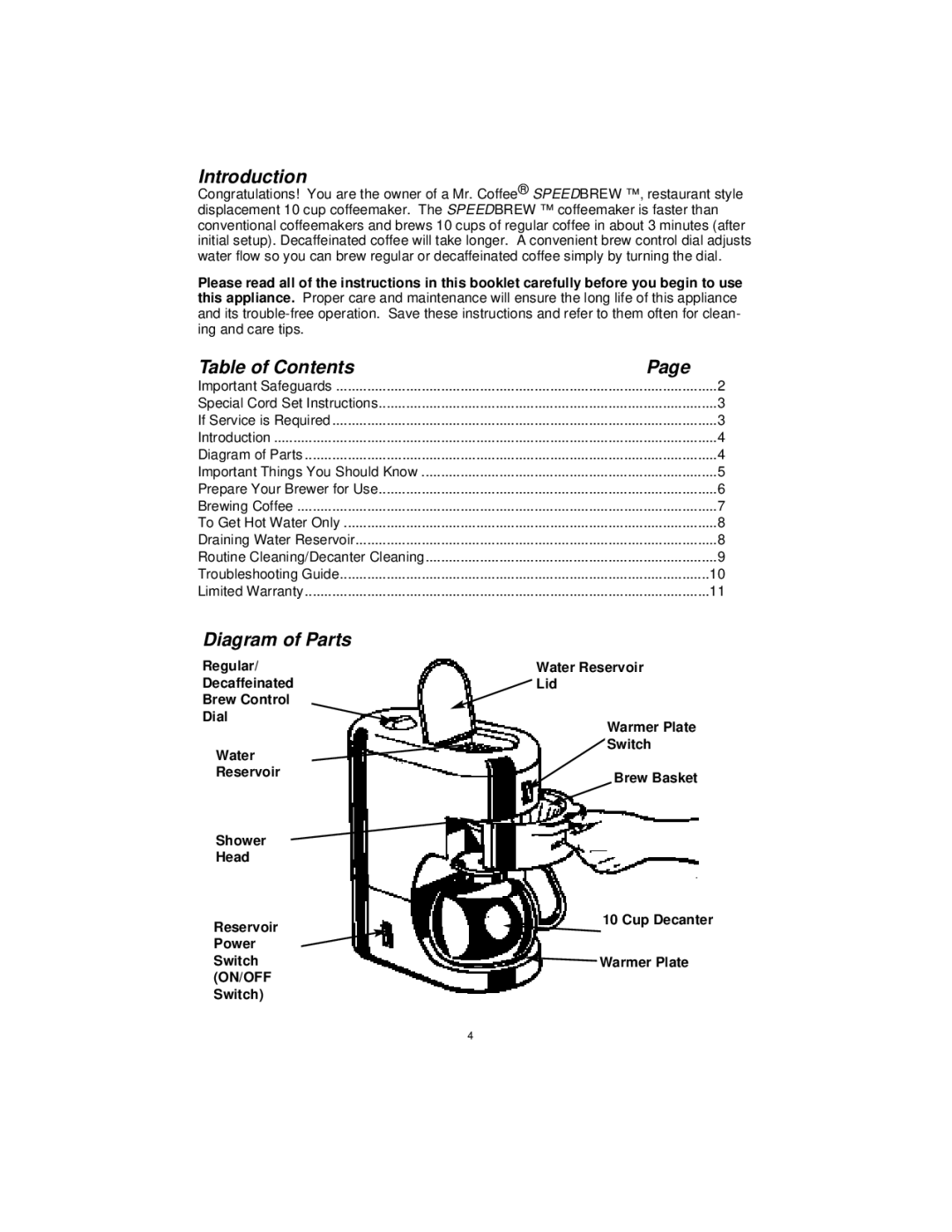 Mr. Coffee DSP10 manual Introduction, Table of Contents, Diagram of Parts 