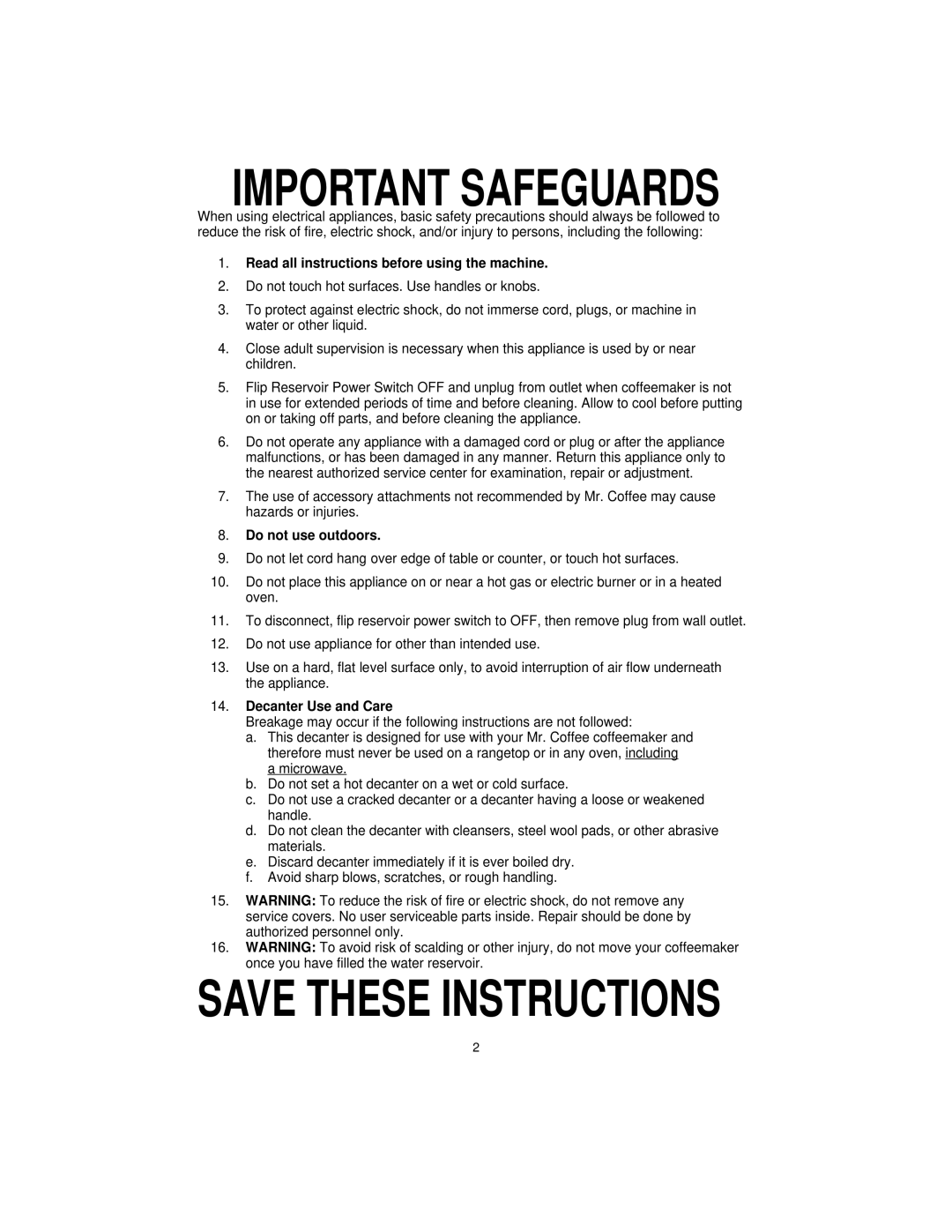 Mr. Coffee DSP10 manual Important Safeguards, Save These Instructions, Read all instructions before using the machine 