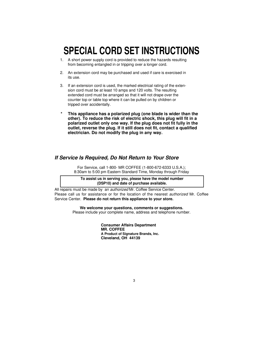 Mr. Coffee Special Cord Set Instructions, DSP10 and date of purchase available, Consumer Affairs Department MR. COFFEE 