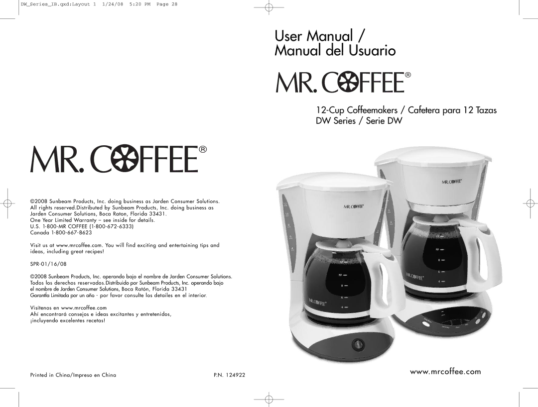 Mr. Coffee DW12 user manual Manual del Usuario 