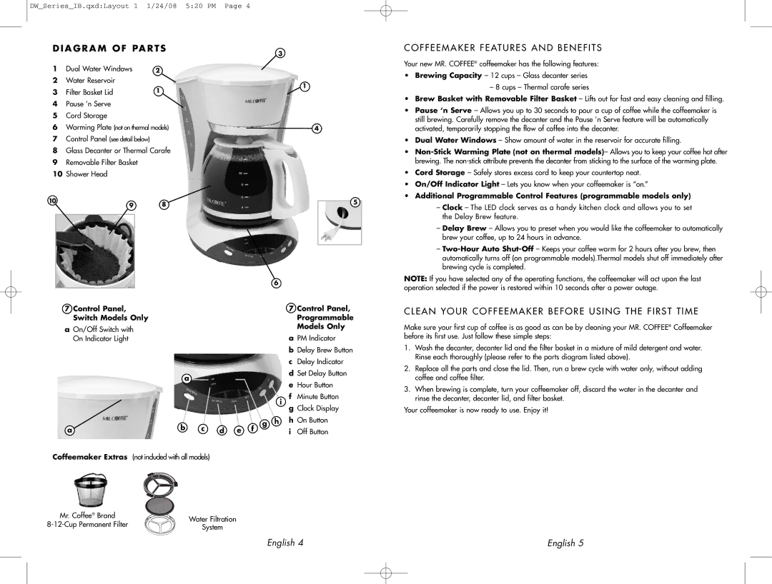 Mr. Coffee DW12 user manual Coffeemaker Features and Benefits, Clean Your Coffeemaker Before Using the First Time 