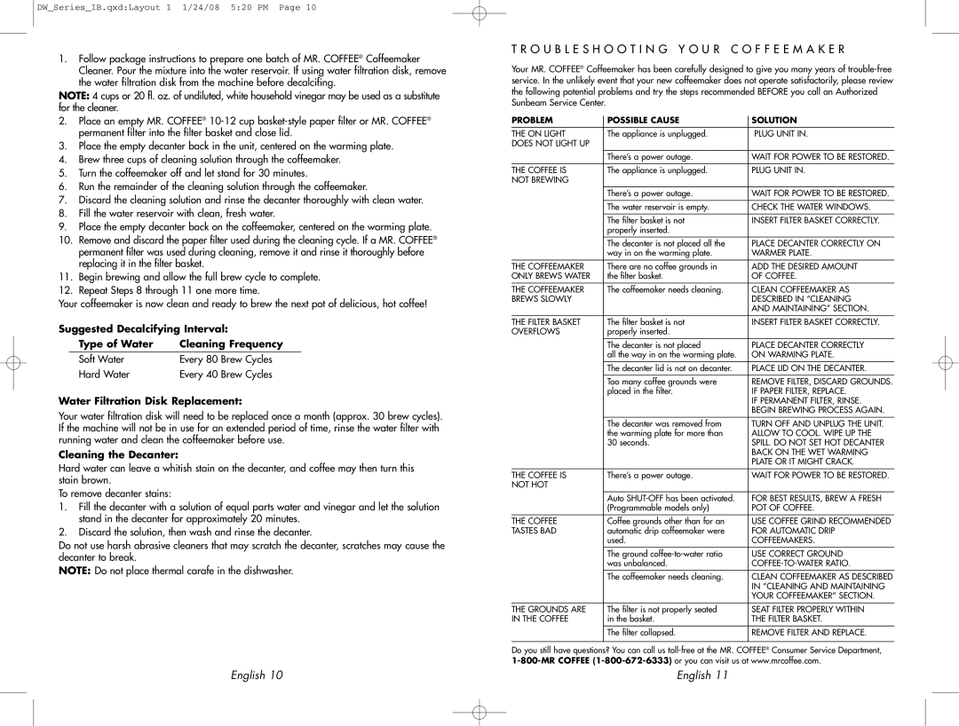 Mr. Coffee DW12 Troubleshooting Y O U R C O F F E E M a K E R, Water Filtration Disk Replacement, Cleaning the Decanter 