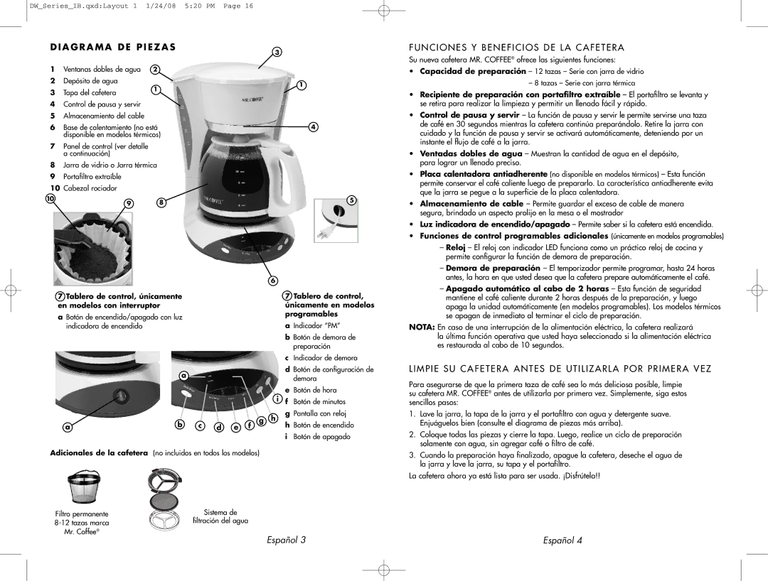 Mr. Coffee DW12 user manual Funciones Y Beneficios DE LA Cafetera, Limpie SU Cafetera Antes DE Utilizarla POR Primera VEZ 