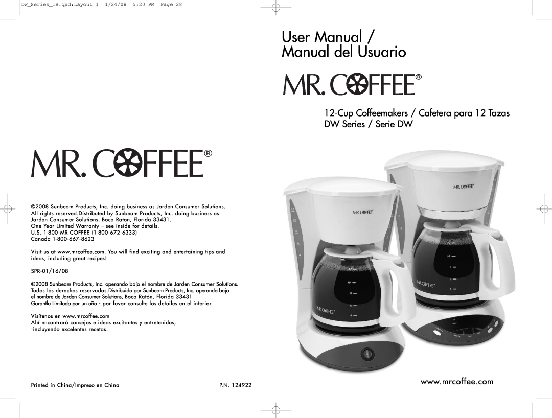Mr. Coffee DW12 user manual Cup Coffeemakers / Cafetera para 12 Tazas DW Series / Serie DW 