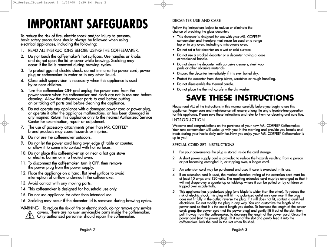 Mr. Coffee DW12 user manual Important Safeguards, Save These Instructions 