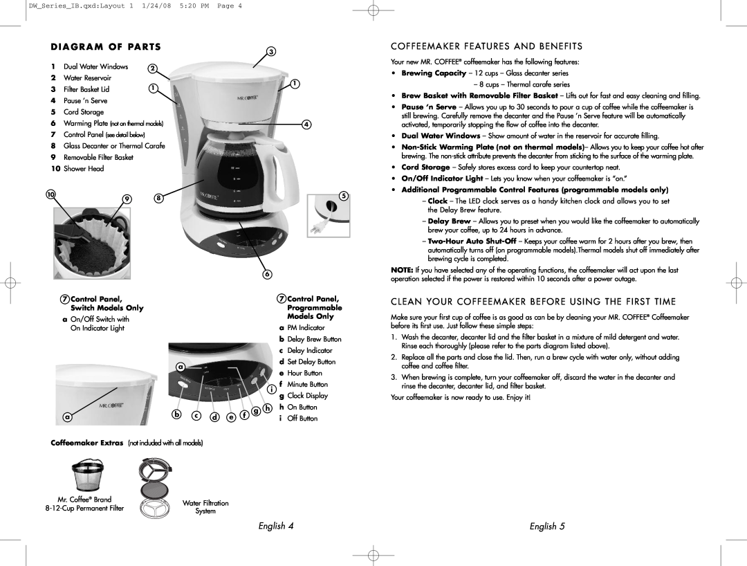 Mr. Coffee DW12 Diagram Of Parts, Coffeemaker Features And Benefits, Clean Your Coffeemaker Before Using The First Time 