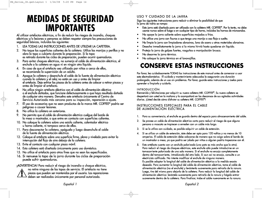 Mr. Coffee DW12 user manual Medidas De Seguridad, Conserve Estas Instrucciones, Importantes, Español 