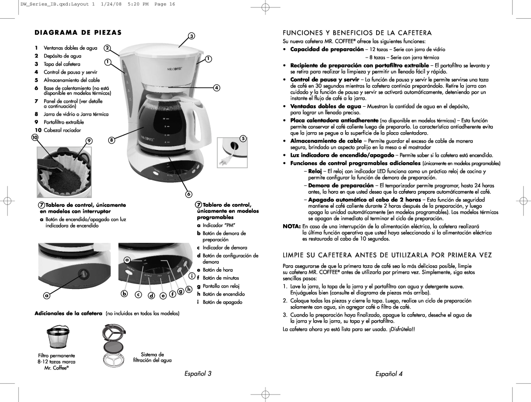 Mr. Coffee DW12 Diagrama De Piezas, Funciones Y Beneficios De La Cafetera, Español, Depósito de agua, Tapa del cafetera 