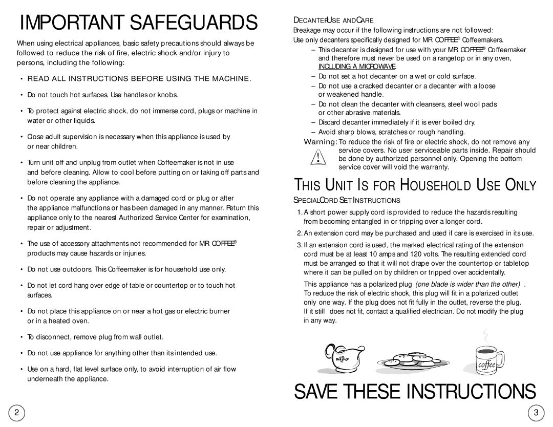 Mr. Coffee EC4, EC5 user manual This Unit is for Household USE only, Decanter USE and Care, Special Cord SET Instructions 