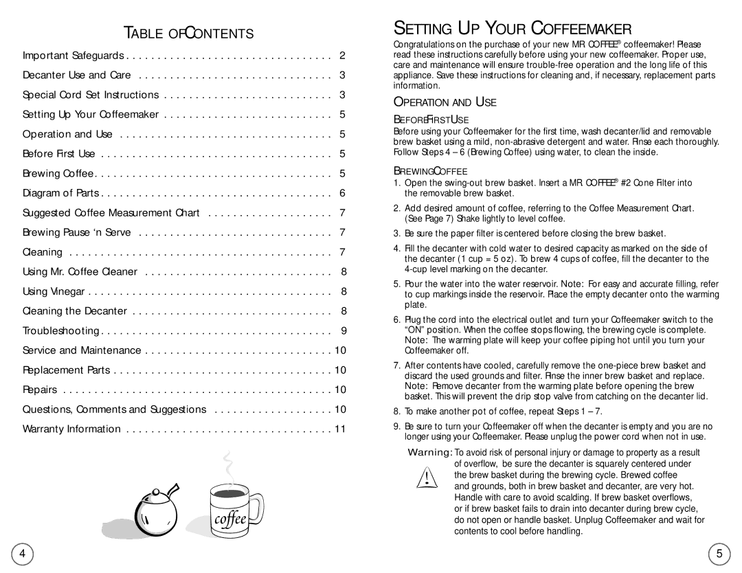 Mr. Coffee EC5, EC4 user manual Setting UP Your Coffeemaker, Table of Contents 