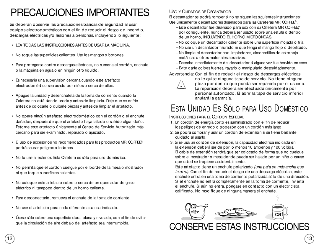 Mr. Coffee EC5, EC4 Precauciones Importantes, Esta Unidad ES Sólo Para USO Doméstico, USO Y Cuidados DE Decantador 