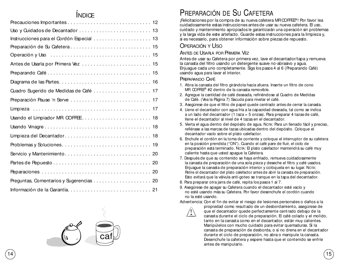 Mr. Coffee EC4, EC5 user manual Índice, Preparación DE SU Cafetera, Antes DE Usarla POR Primera VEZ, Preparando Café 