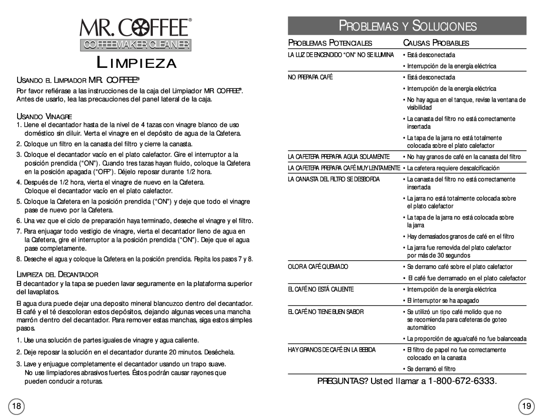 Mr. Coffee EC4 Limpieza, PREGUNTAS? Usted llamar a, Problemas Y Soluciones, Coffeemaker Cleaner, Problemas Potenciales 