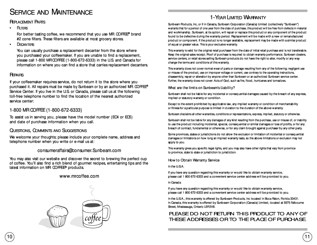 Mr. Coffee EC4, EC5 user manual Service And Maintenance, Mr Coffee, Year Limited Warranty 