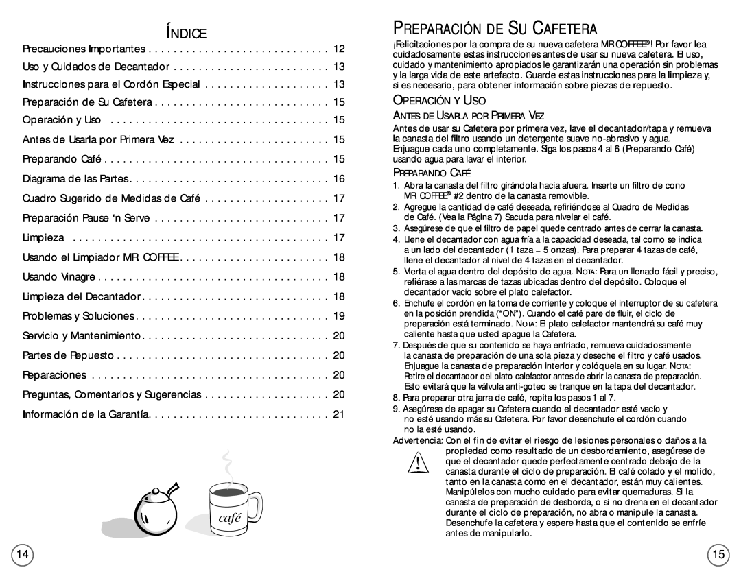 Mr. Coffee EC4, EC5 user manual Índice, Preparación De Su Cafetera, café 