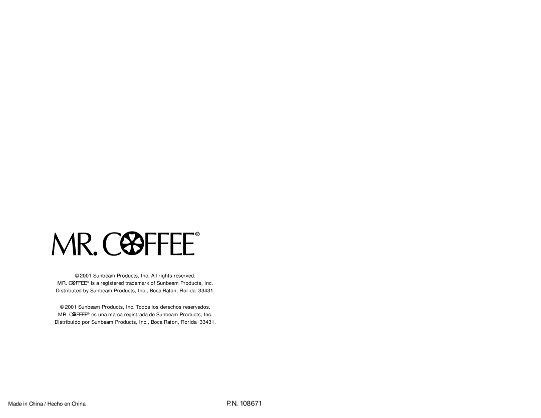 Mr. Coffee ECM20 instruction manual Made in China / Hecho en China 