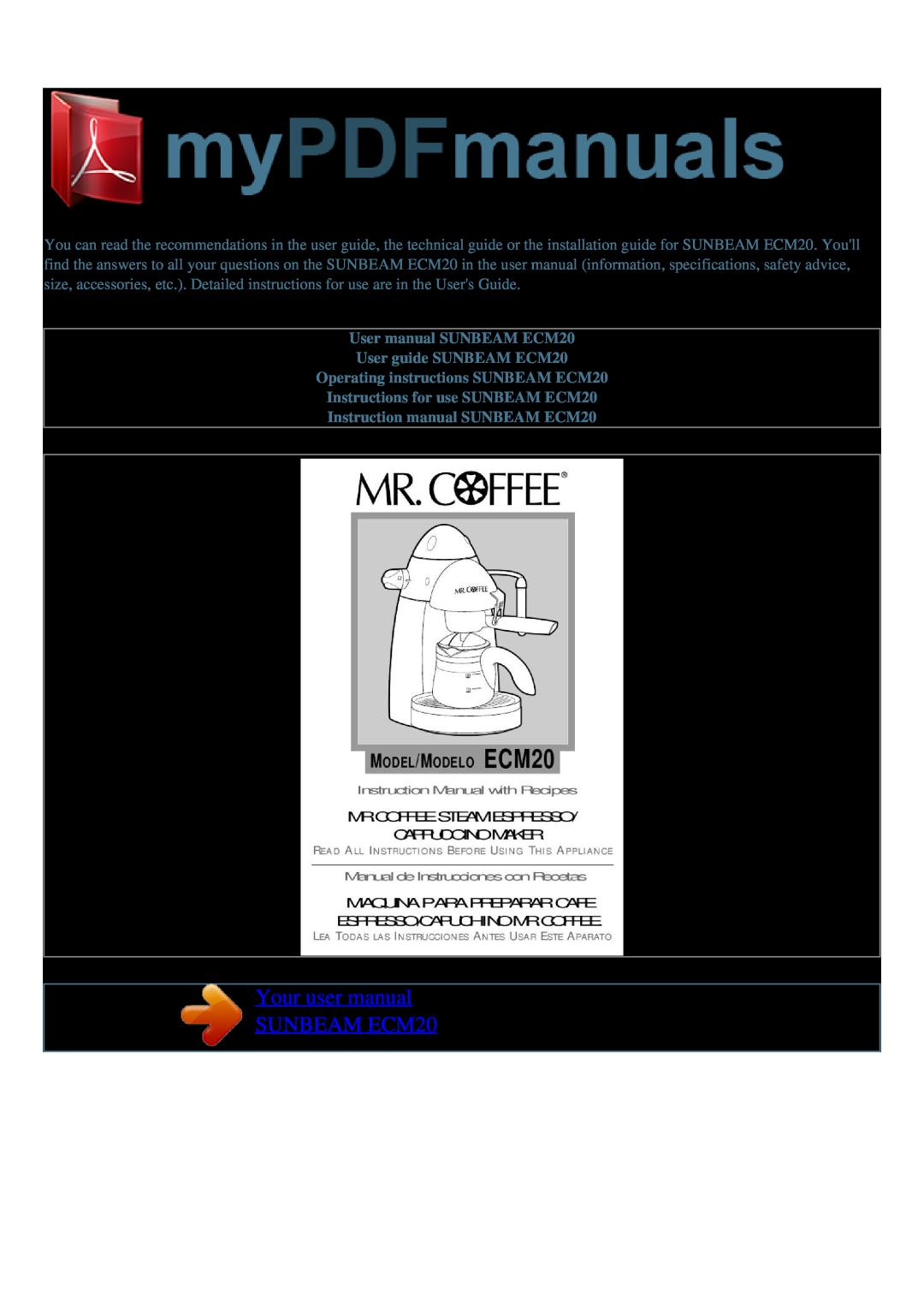 Mr. Coffee ECM20 instruction manual Mr. Coffee Steam Espresso, Cappuccinomaker, Instruction Manual with Recipes 