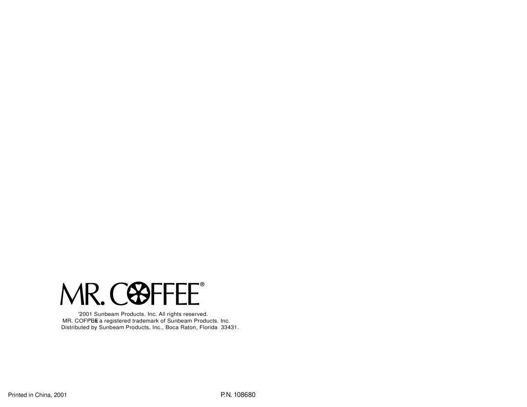 Mr. Coffee ECM21 instruction manual Sunbeam Products. Inc. All rights reserved 