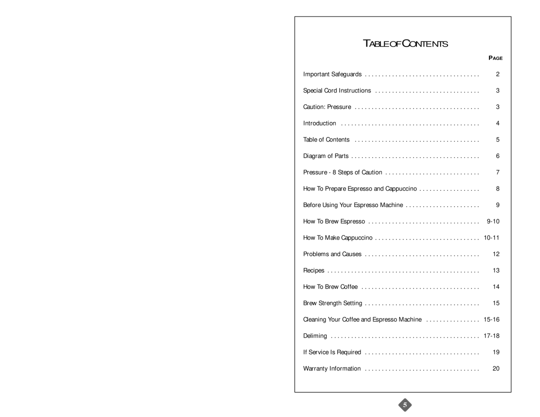 Mr. Coffee ECM21 instruction manual Table of Conte NTS, 10-11, 15-16, 17-18 