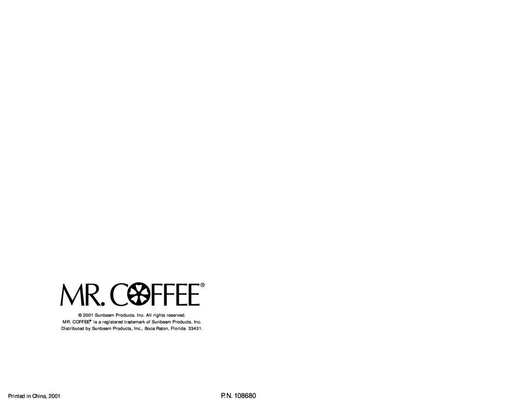 Mr. Coffee ECM21 instruction manual Sunbeam Products. Inc. All rights reserved, P. N 