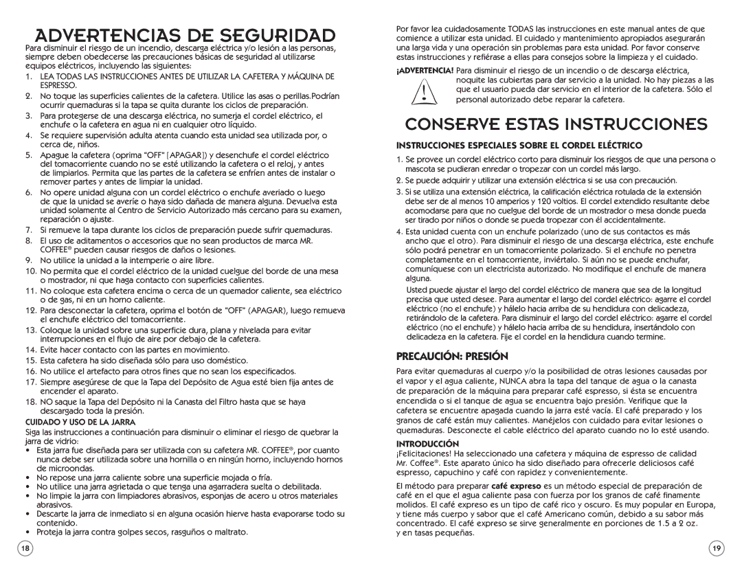 Mr. Coffee ECM22 user manual Precaución Presión, Instrucciones Especiales Sobre EL Cordel Eléctrico, Introducción 