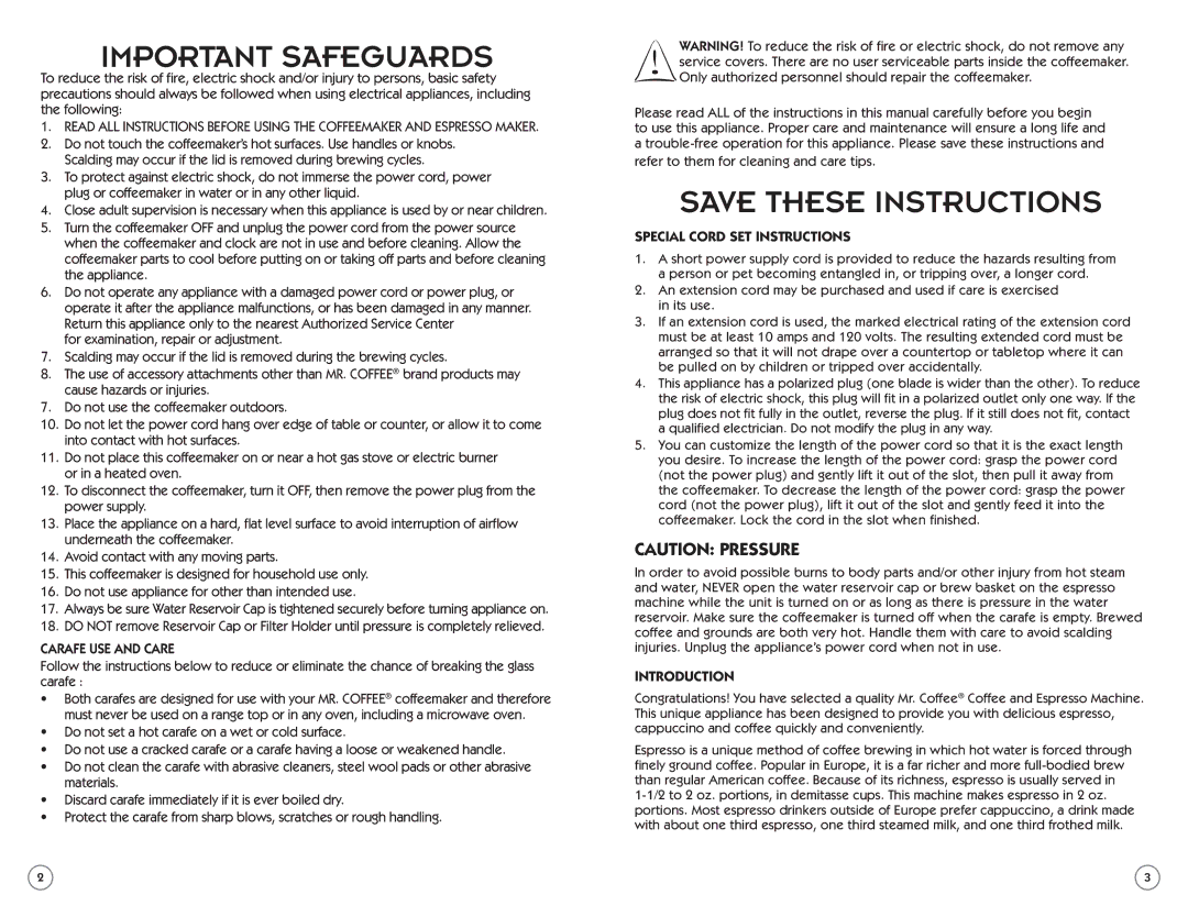 Mr. Coffee ECM22 user manual Special Cord SET Instructions, Introduction 
