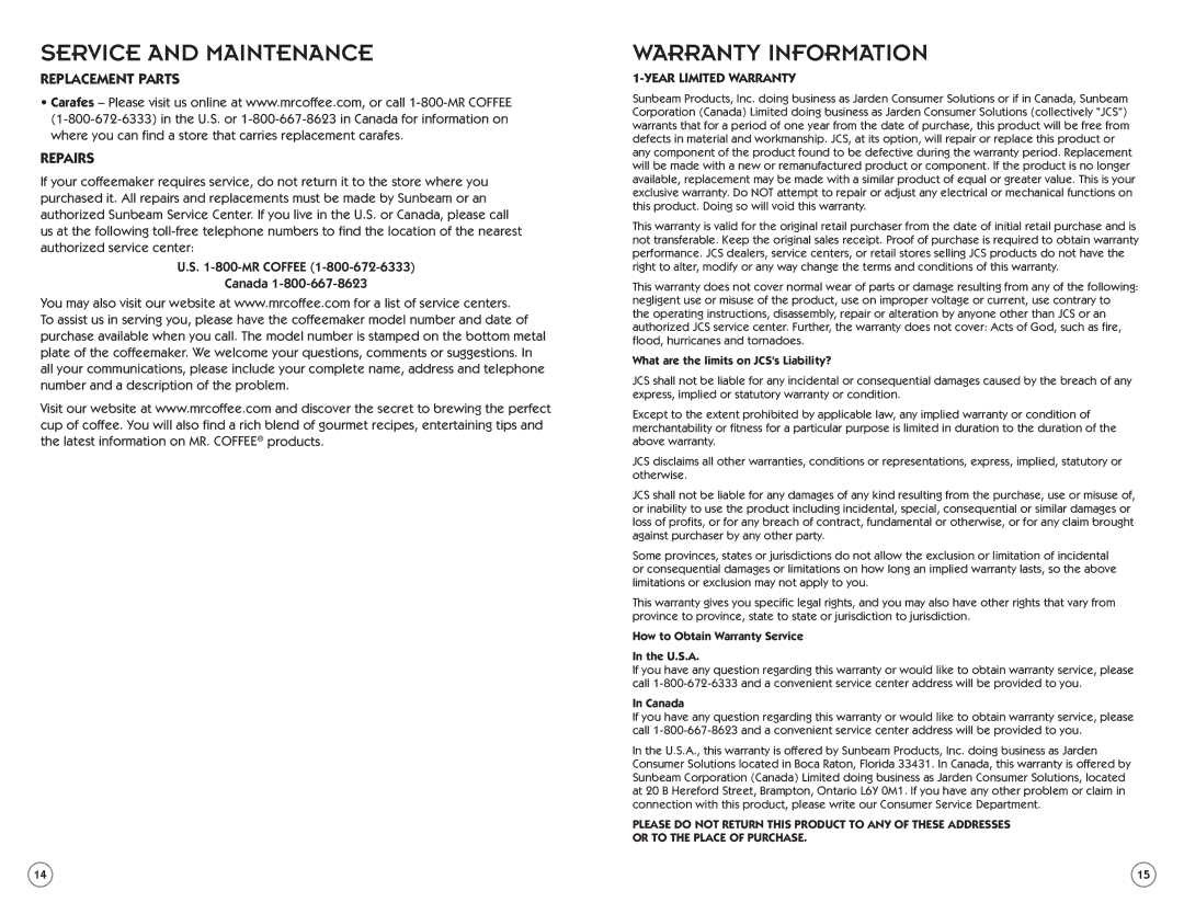 Mr. Coffee ECM22 user manual Service and Maintenance, Warranty Information, Replacement Parts, Repairs 