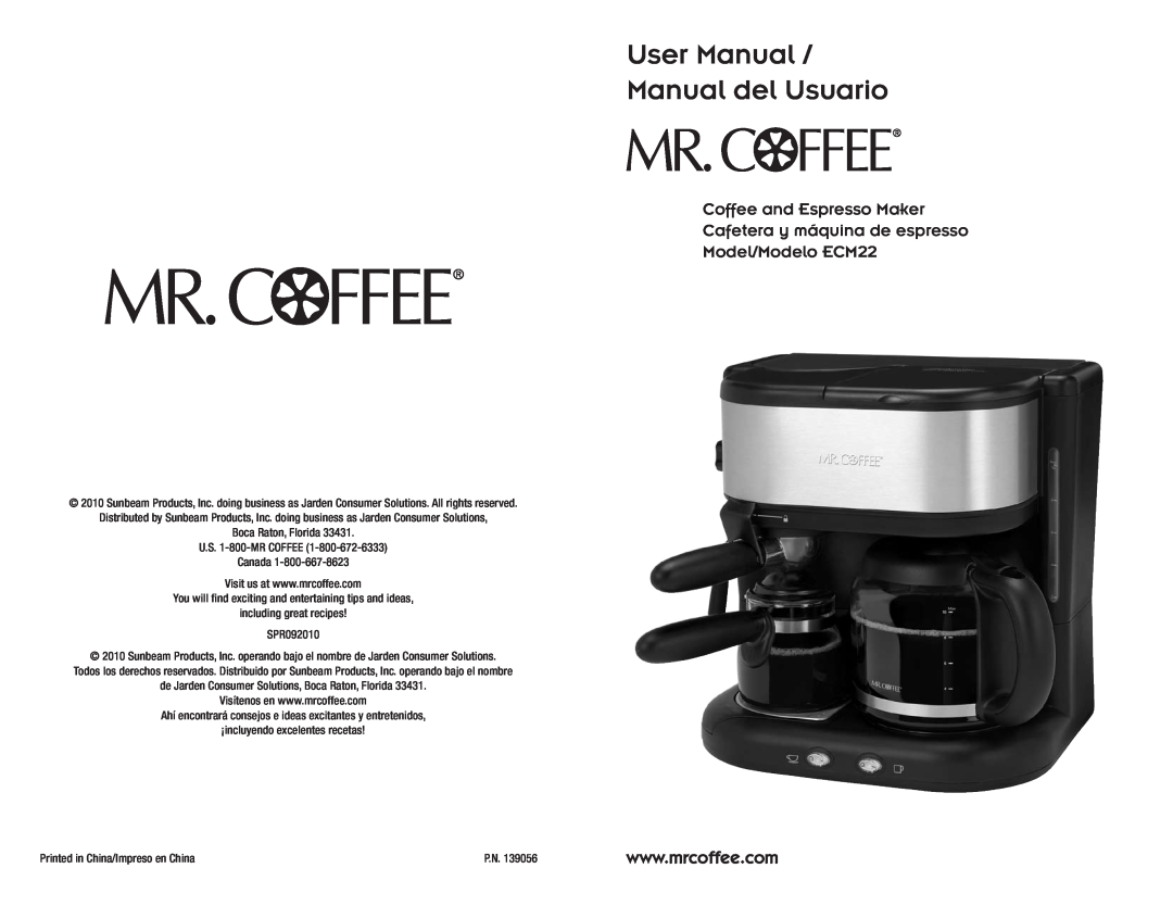 Mr. Coffee user manual Coffee and Espresso Maker Cafetera y máquina de espresso, Model/Modelo ECM22 