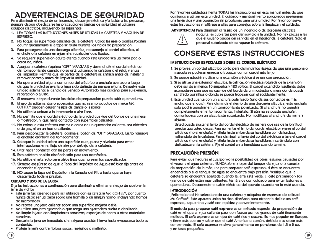 Mr. Coffee ECM22 user manual Advertencias De Seguridad, Conserve Estas Instrucciones, Precaución Presión, introducción 