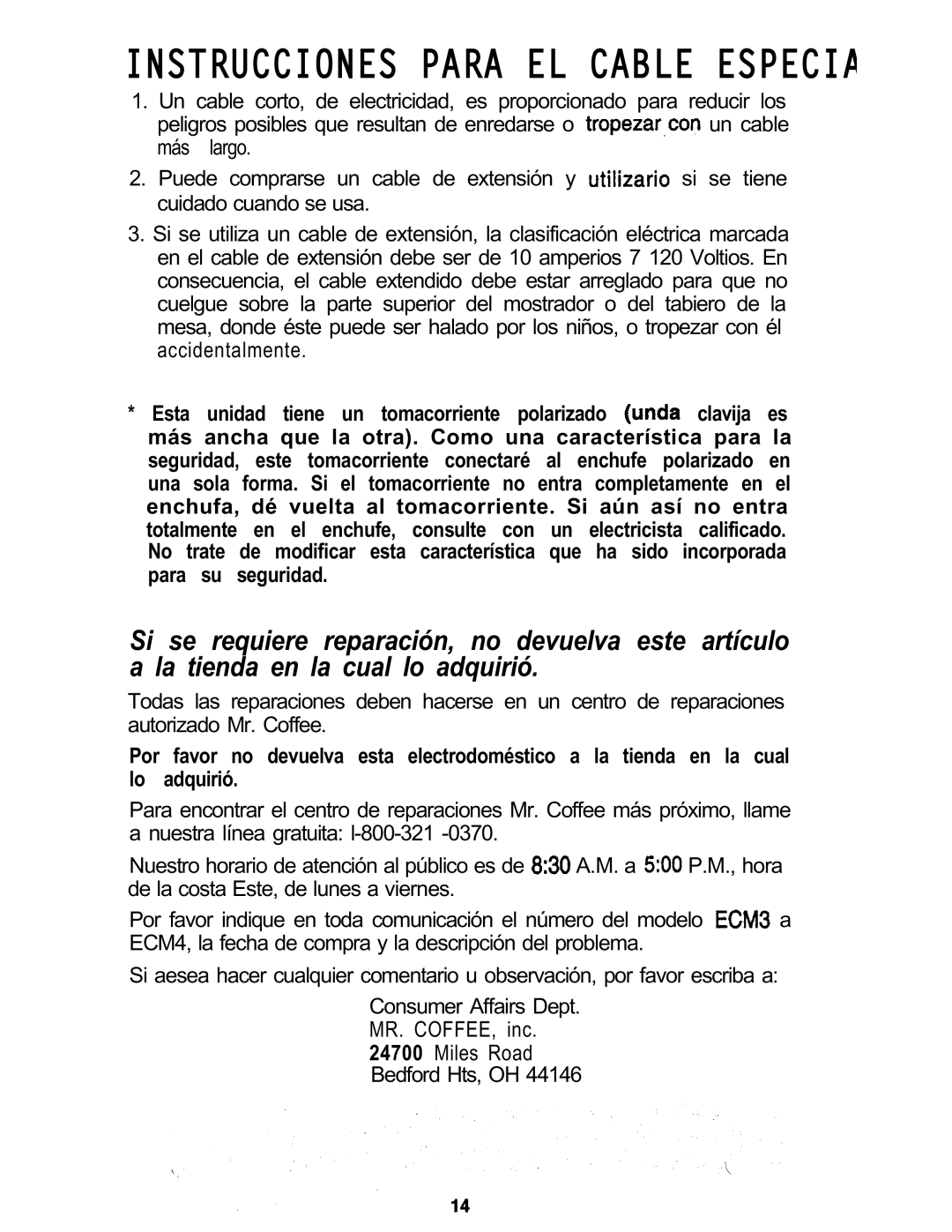 Mr. Coffee ECM3 manual Instrucciones Para EL Cable Especia, Adquirió 