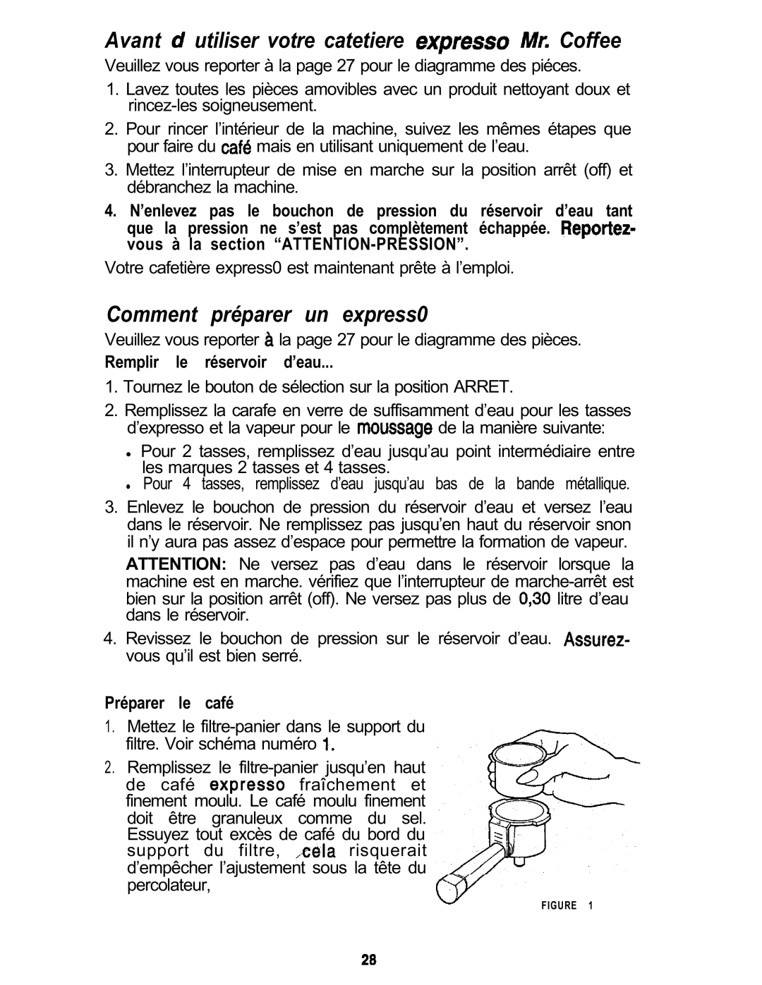 Mr. Coffee ECM3 manual Avant utiliser votre catetiere Coffee, Comment préparer un express0, Remplir le réservoir d’eau 