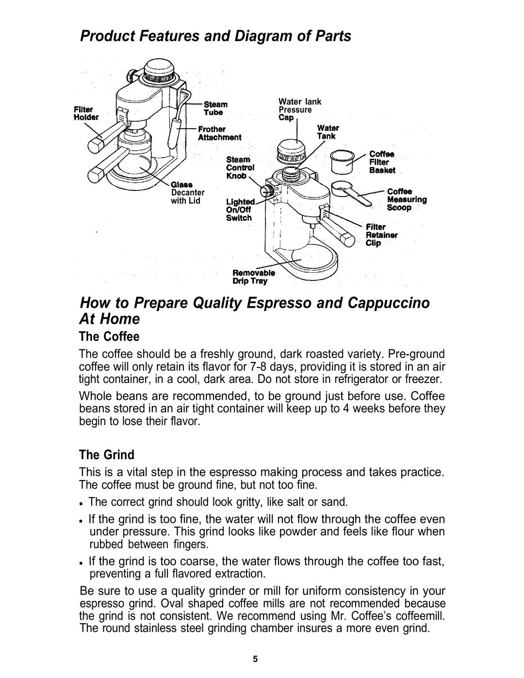 Mr. Coffee ECM3 manual Product Features and Diagram of Parts, How to Prepare Quality Espresso and Cappuccino At Home 