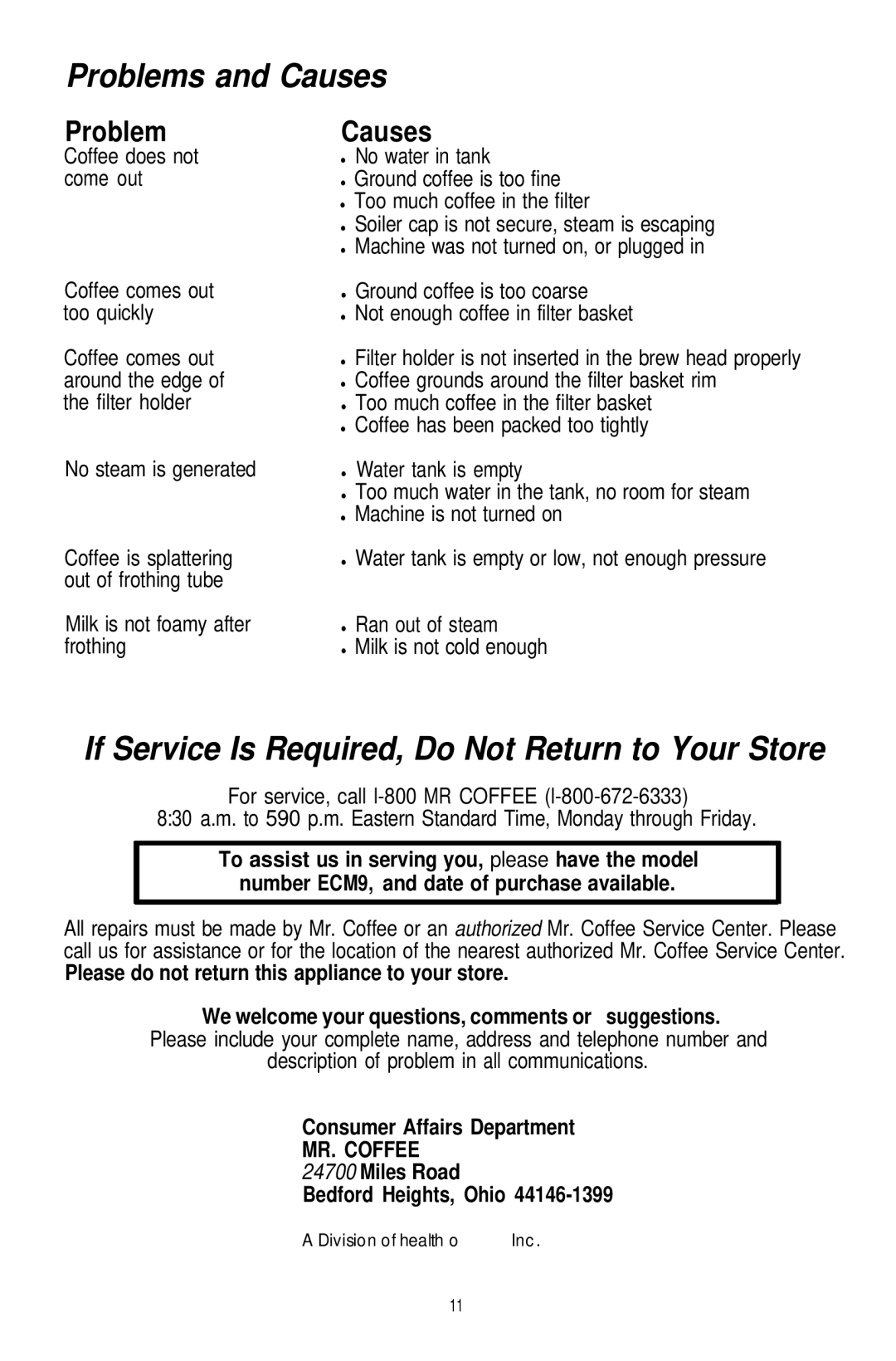 Mr. Coffee ECM9 Problems and Causes, If Service Is Required, Do Not Return to Your Store, Consumer Affairs Department 