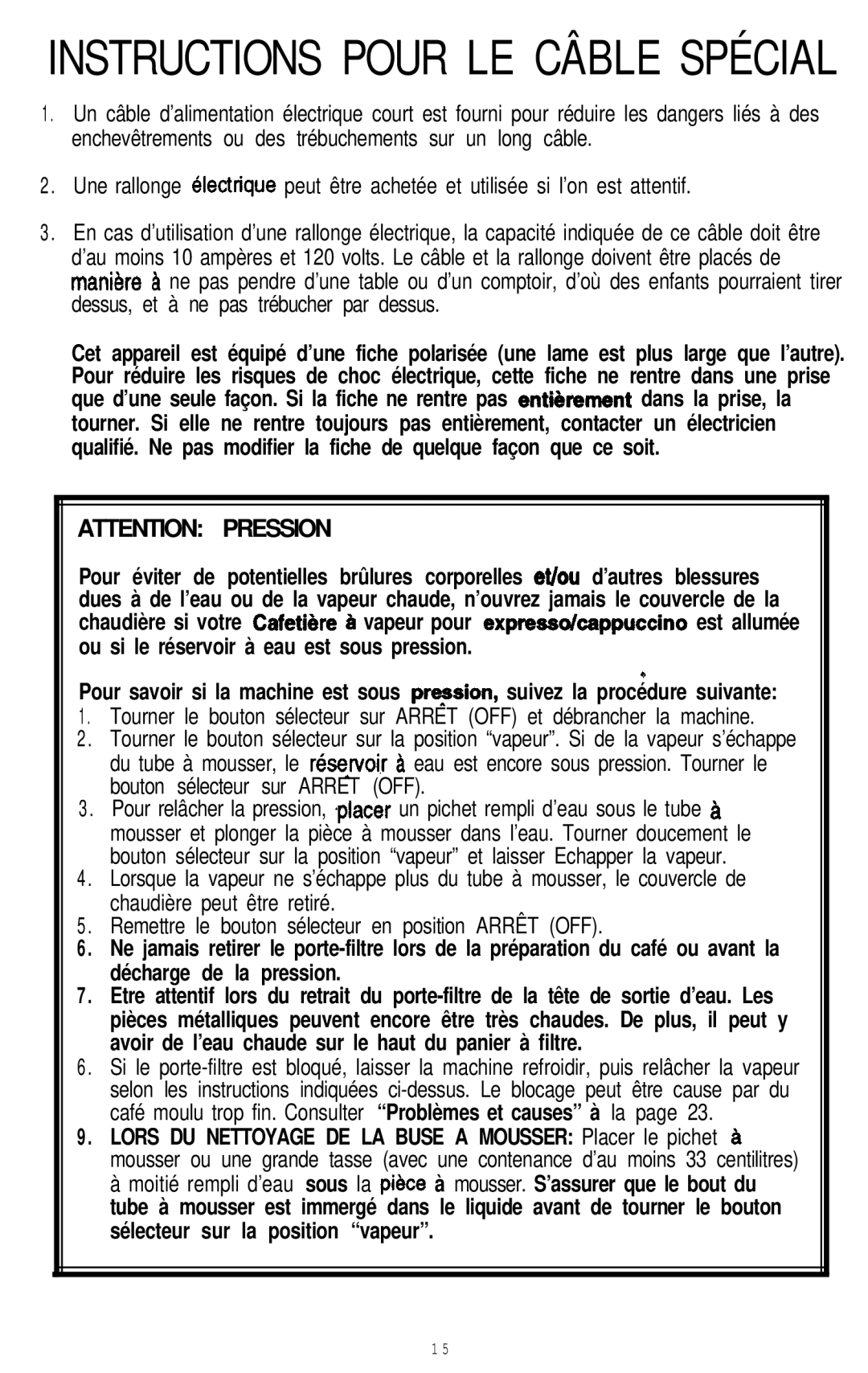 Mr. Coffee ECM9 manual Instructions Pour LE Câble Spécial 